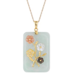 Jade or Onyx Carved Flower Pendant Necklace (25x38mm) in 14k Gold-Plated Sterling Silver