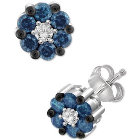 Blue Diamond (3/8 ct. ) & White Diamond (1/20 ct. ) Flower Stud Earrings in Sterling Silver