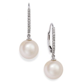 Cultured Freshwater Pearl (10mm) and Diamond (1/10 ct.t.w) Leverback Earrings in 14k White Gold (Also available in 14k yellow gold or 14k rose gold)