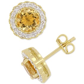 Citrine (1-1/2 ct. ) & Diamond (1/10 ct. ) Halo Stud Earrings in 18k Gold-Plated Sterling Silver